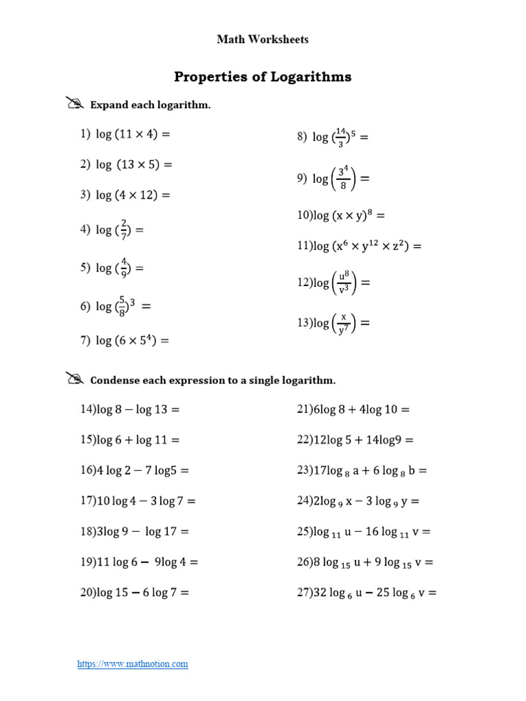 Properties of Logarithms Worksheets | PDF