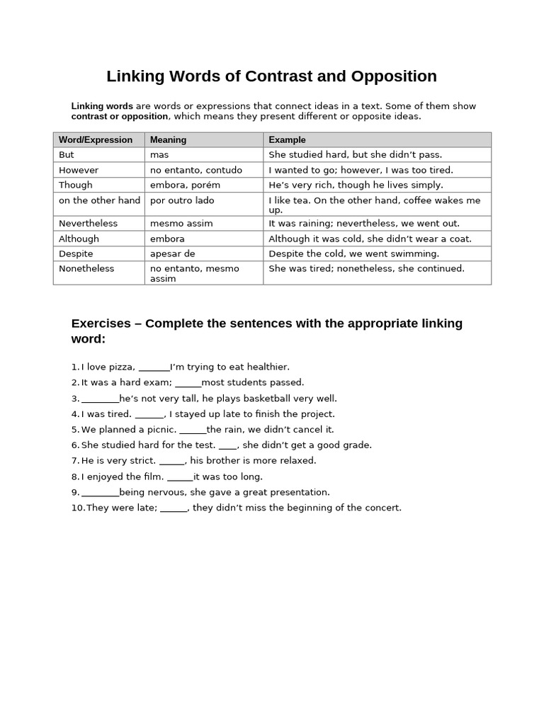 Linking Words: Contrast Exercises PDF | PDF