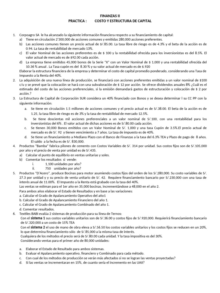 Costo y Estructura de Capital en Finanzas II | PDF | Acciones ...