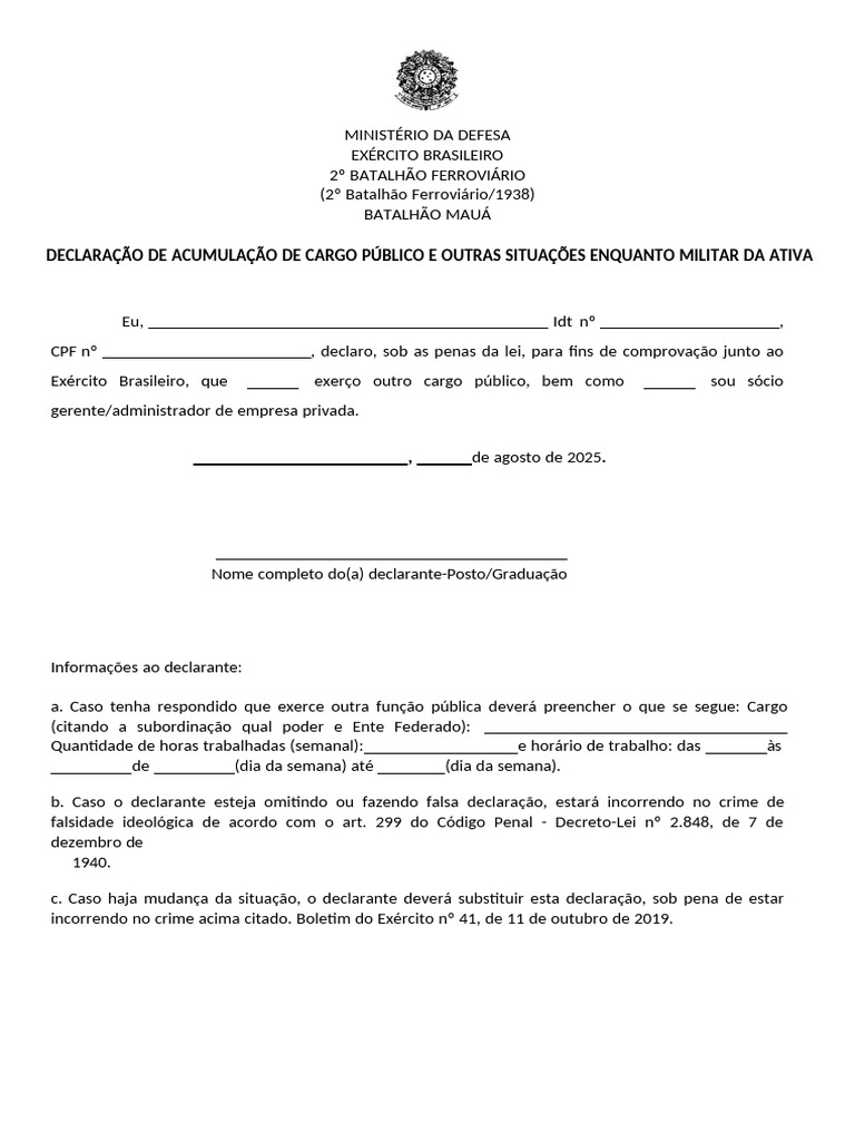 Modelo Declaração Acumulo de Cargo Publico | PDF