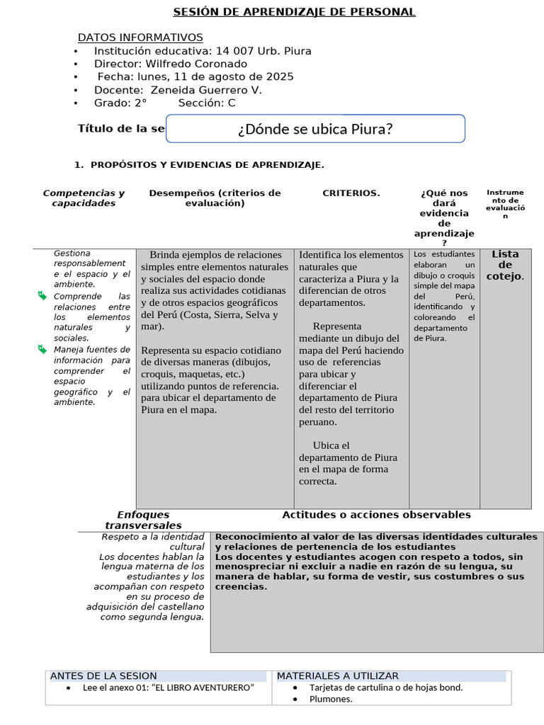 02 Sesión de Aprendizaje Personal Social | PDF | Aprendizaje | Perú