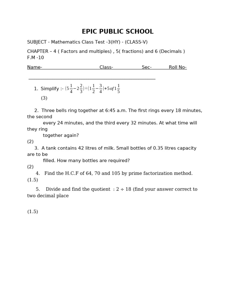 Class V Math Test: Factors, Fractions, Decimals | PDF