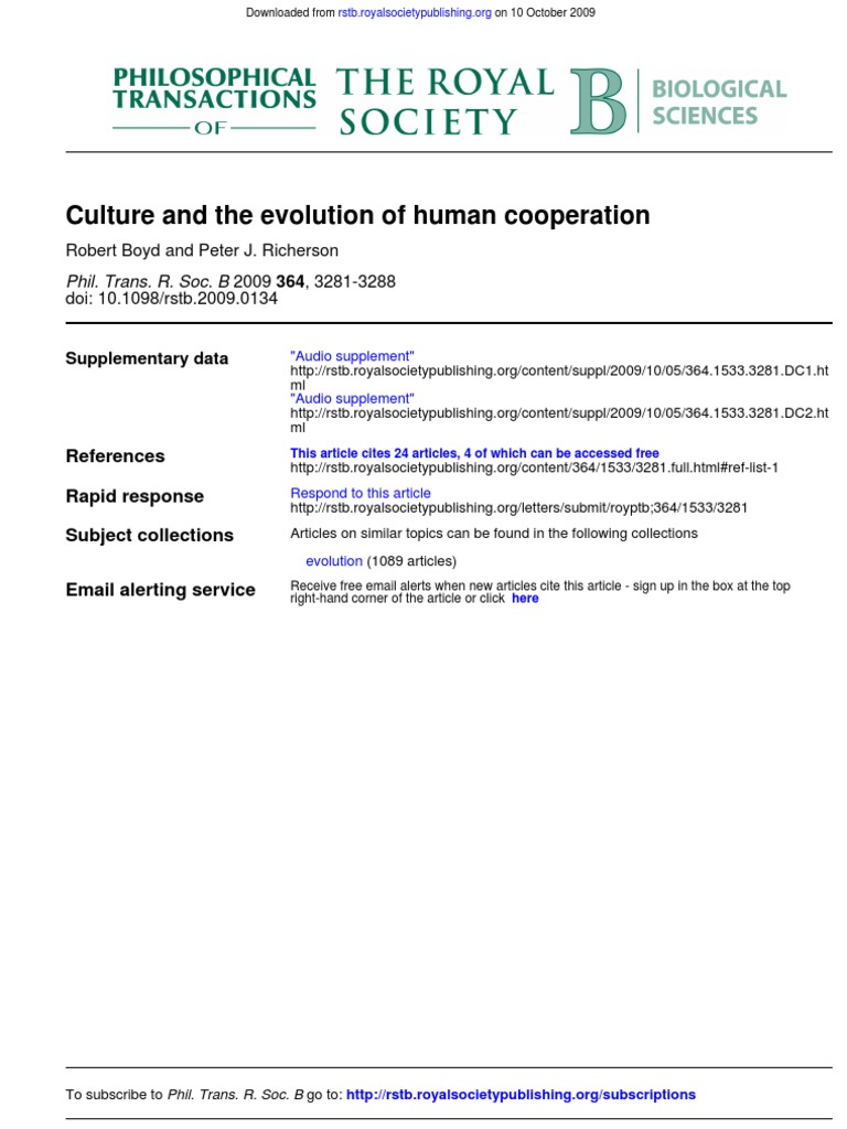 Culture and The Evolution of Human Cooperation:, 3281-3288 2009 Robert ...