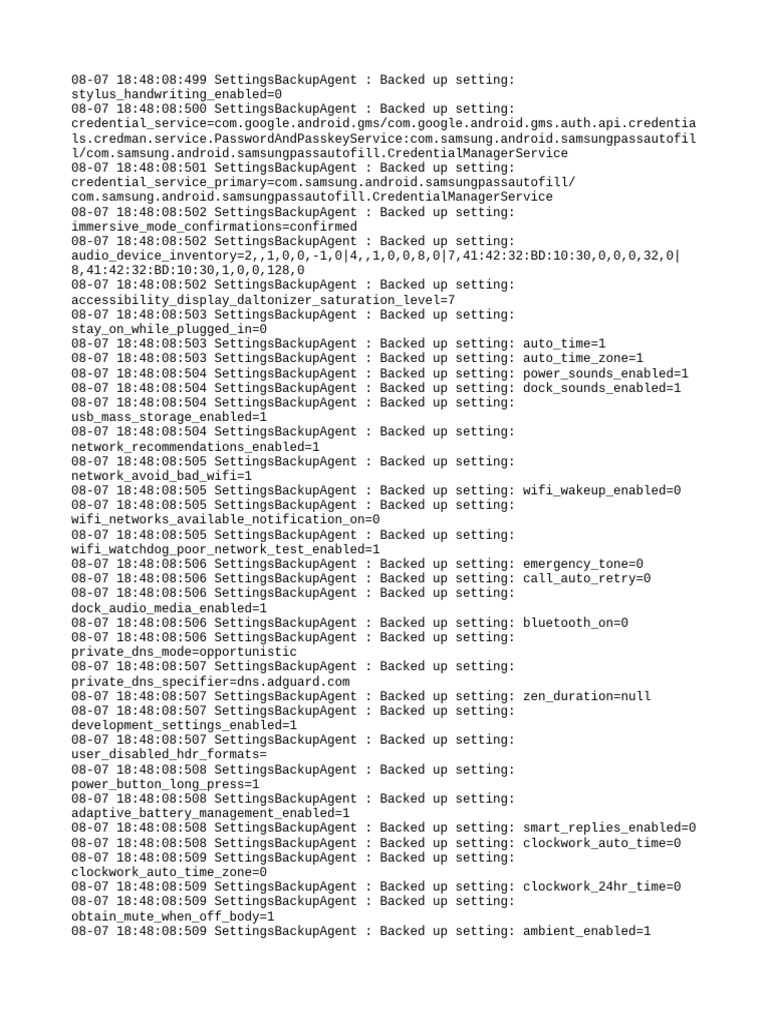 Android Settings Backup Log | PDF