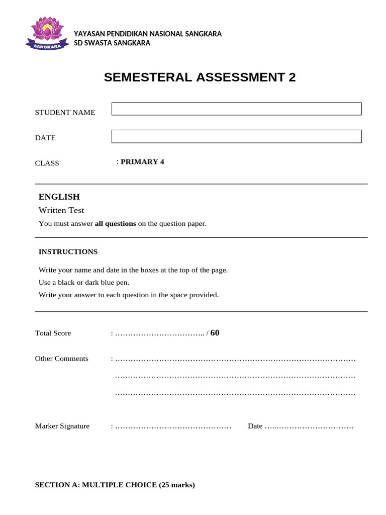 Primary 4 English Semester Test | PDF