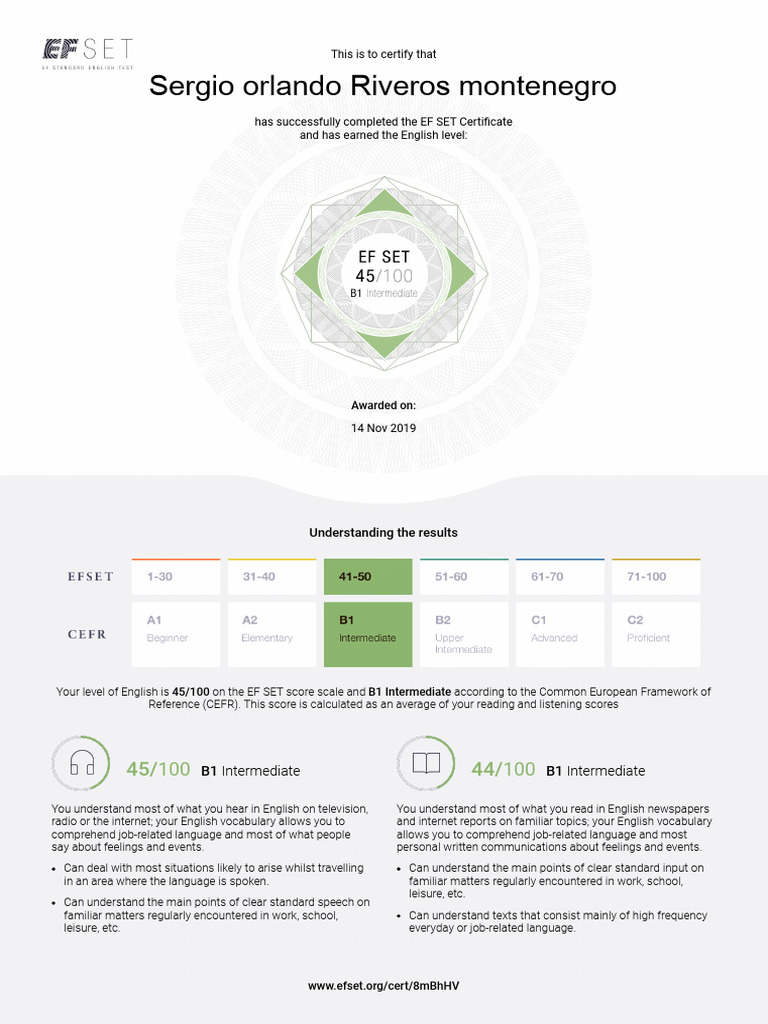 EF SET Certificate: Sergio Riveros B1 Level | PDF