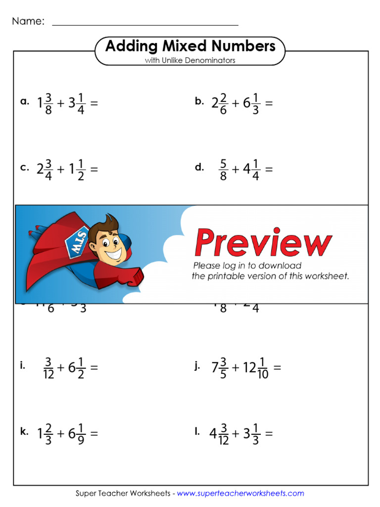 Adding Mixed Numbers Unlike Denominators Horizontal | PDF