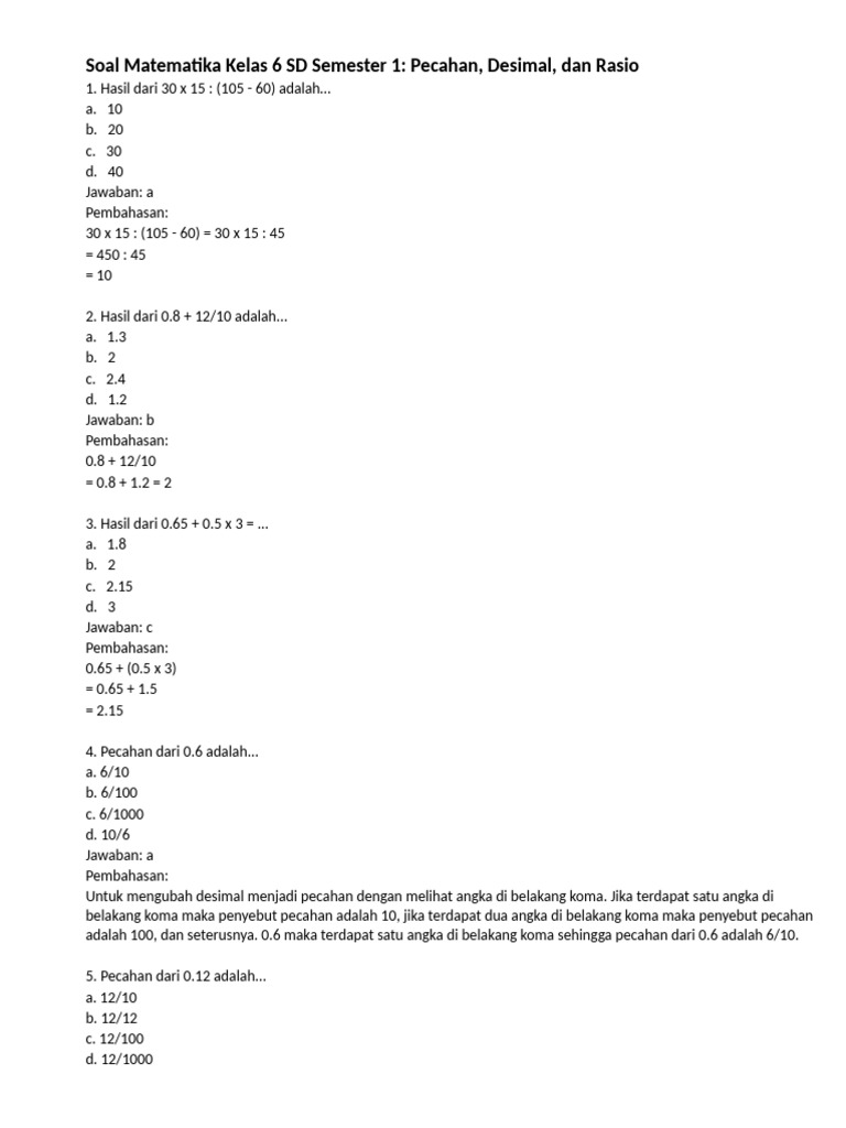 Soal Pecahan dan Desimal Kelas 6 | PDF