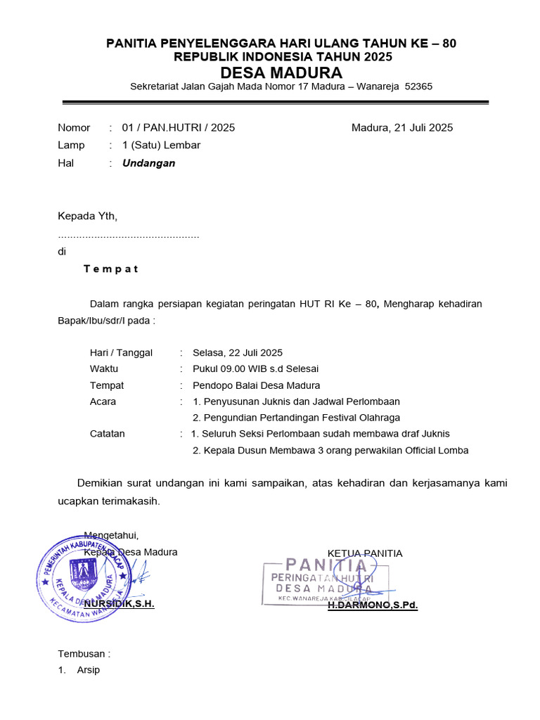 Undangan Persiapan HUT RI Ke-80 Madura | PDF