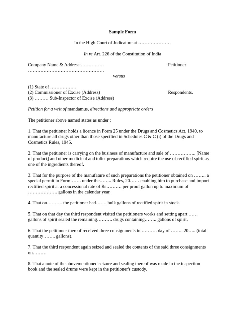 Writ Petition for Seized Spirits Release | PDF | Mandamus | Public Law