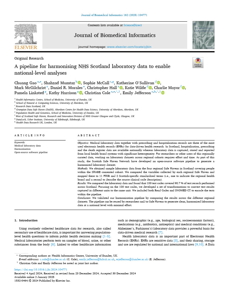 A Pipeline For Harmonising NHS Scotland Laboratory D 2025 Journal of ...