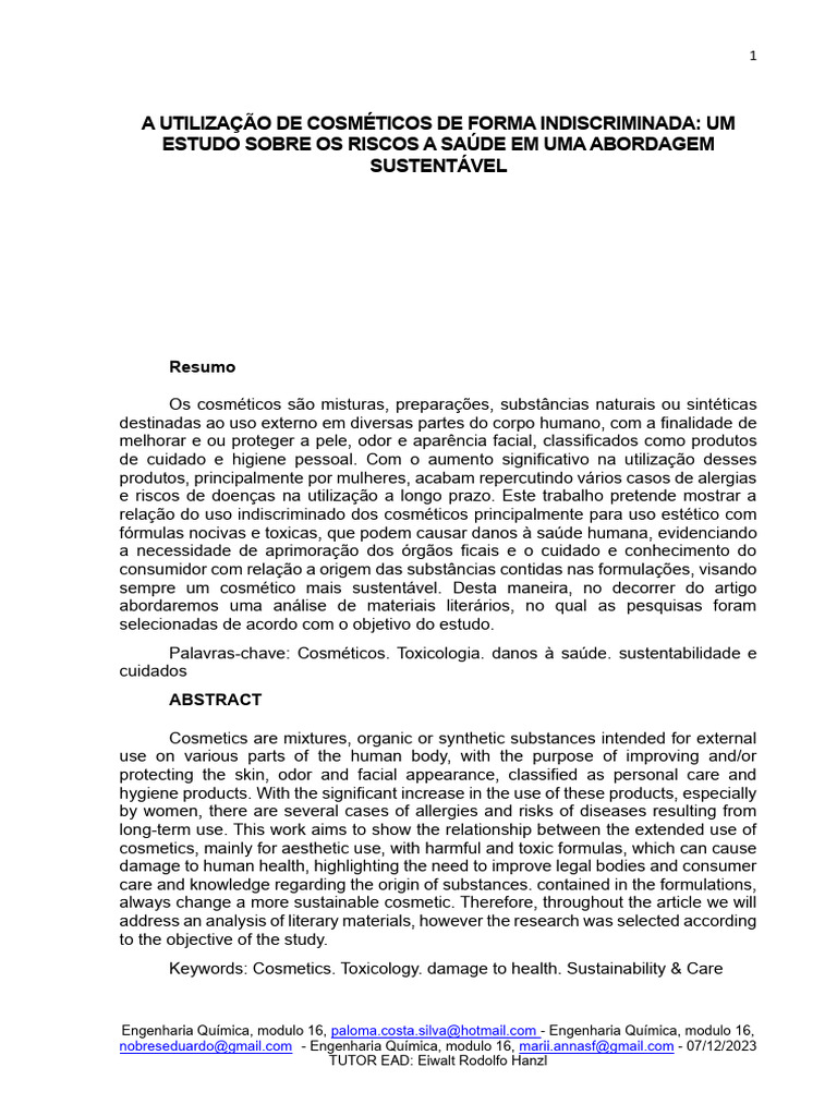 Riscos dos Cosméticos e Sustentabilidade | PDF | Publicações acadêmicas ...