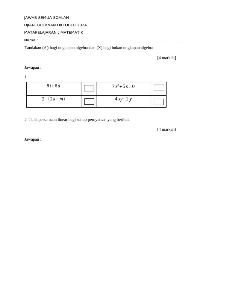 CTH Soalan Ujian Math f1 | PDF