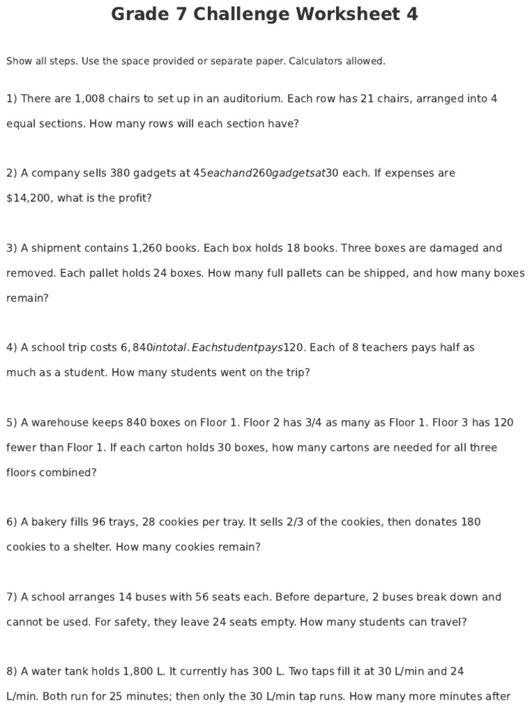 Grade 7 Math Challenge Worksheet 4 | PDF