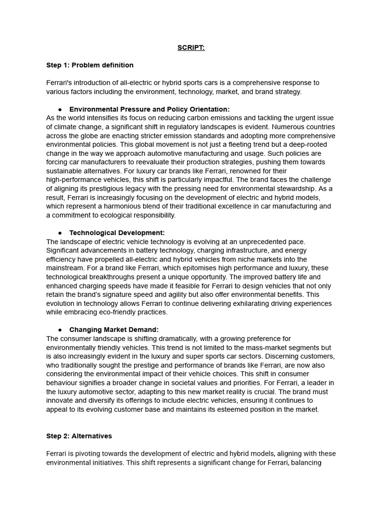 MGMT302 - Ferrari Script | PDF | Electric Vehicle | Car