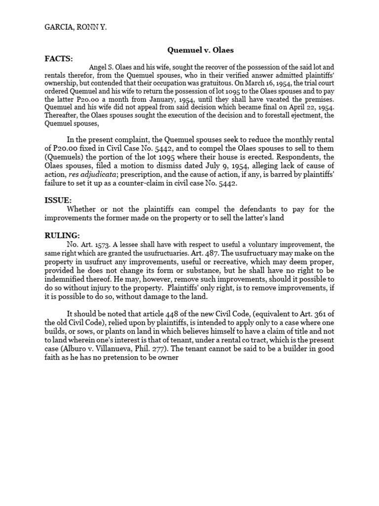 Ejectment Case: Olaes vs. Quemuel Ruling | PDF | Lawsuit | Public Law