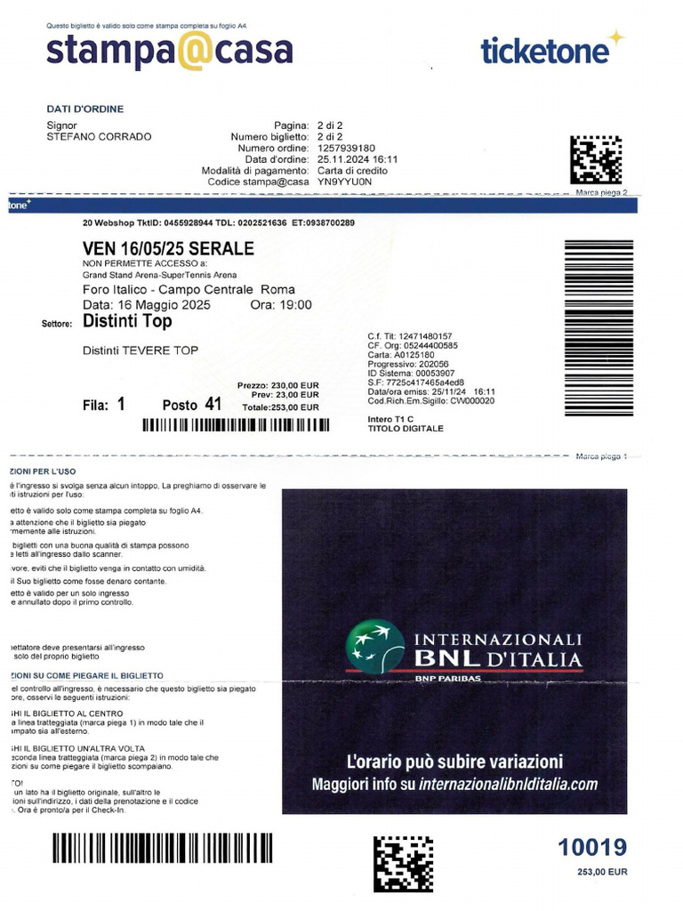 Internazionali BNL Ditalia Rome 2025 Ticket | PDF