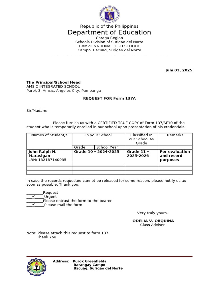 Request for Student Form 137A | PDF