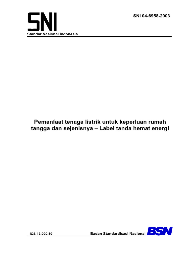 Label Hemat Energi SNI 04-6958-2003 | PDF