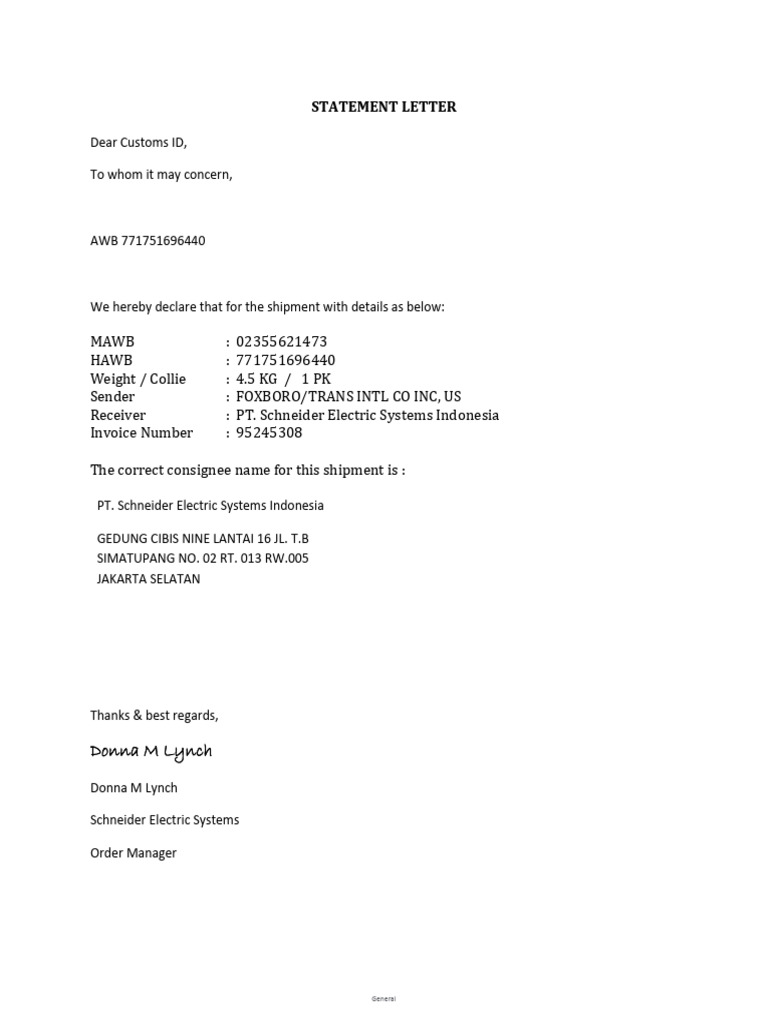 Customs Shipment Declaration Letter | PDF