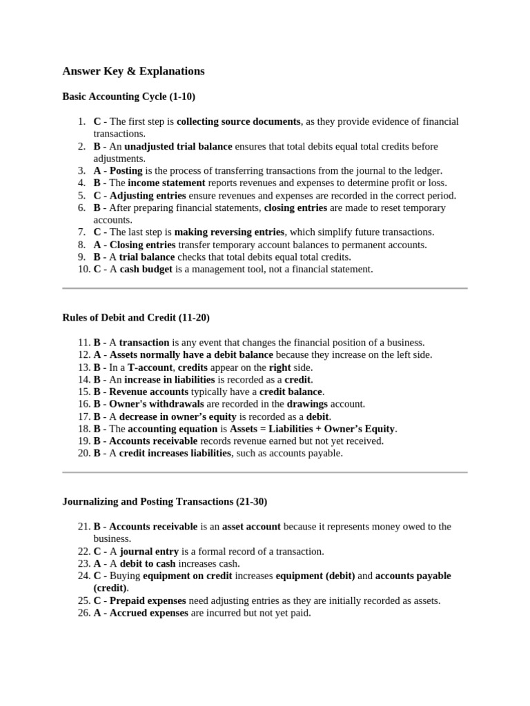 Accounting Cycle Answer Key & Insights | PDF | Debits And Credits | Expense