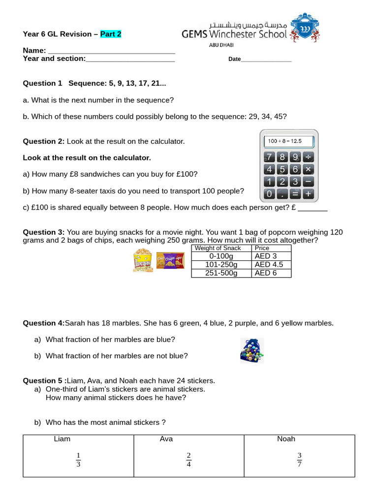Year 6 Math Revision Questions | PDF