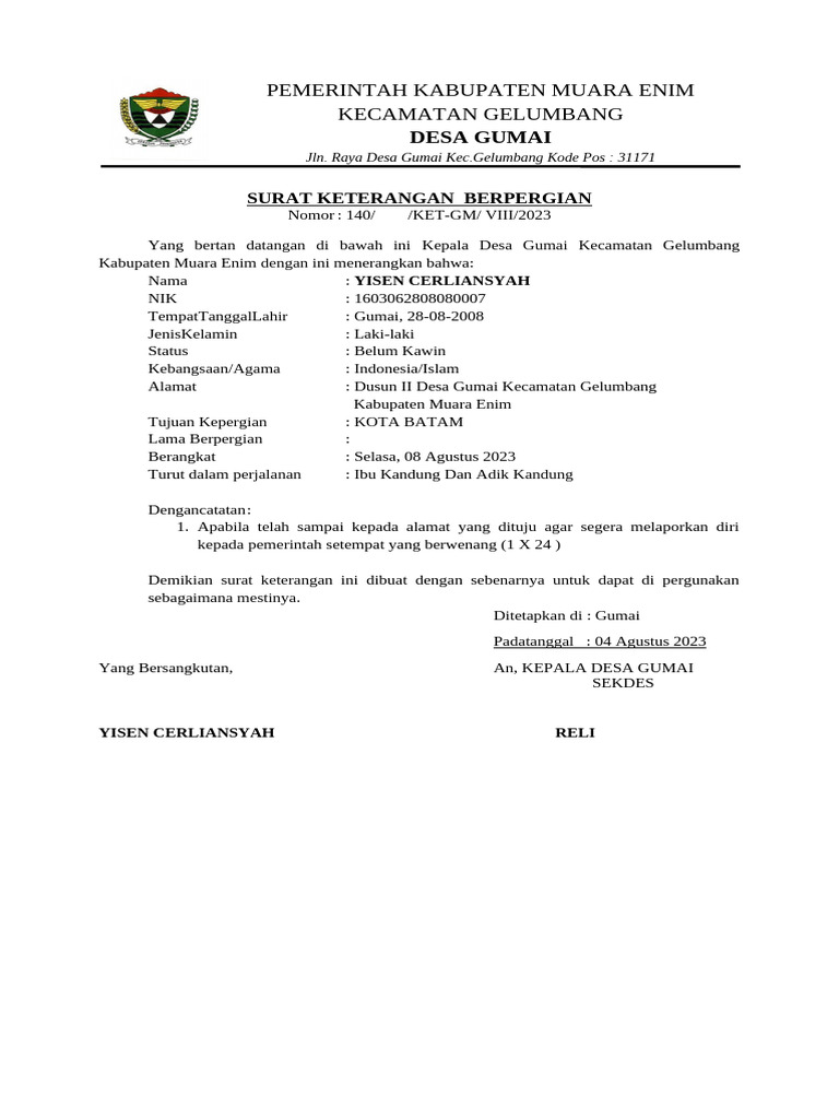 Surat Keterangan Berpergian Desa Gumai | PDF