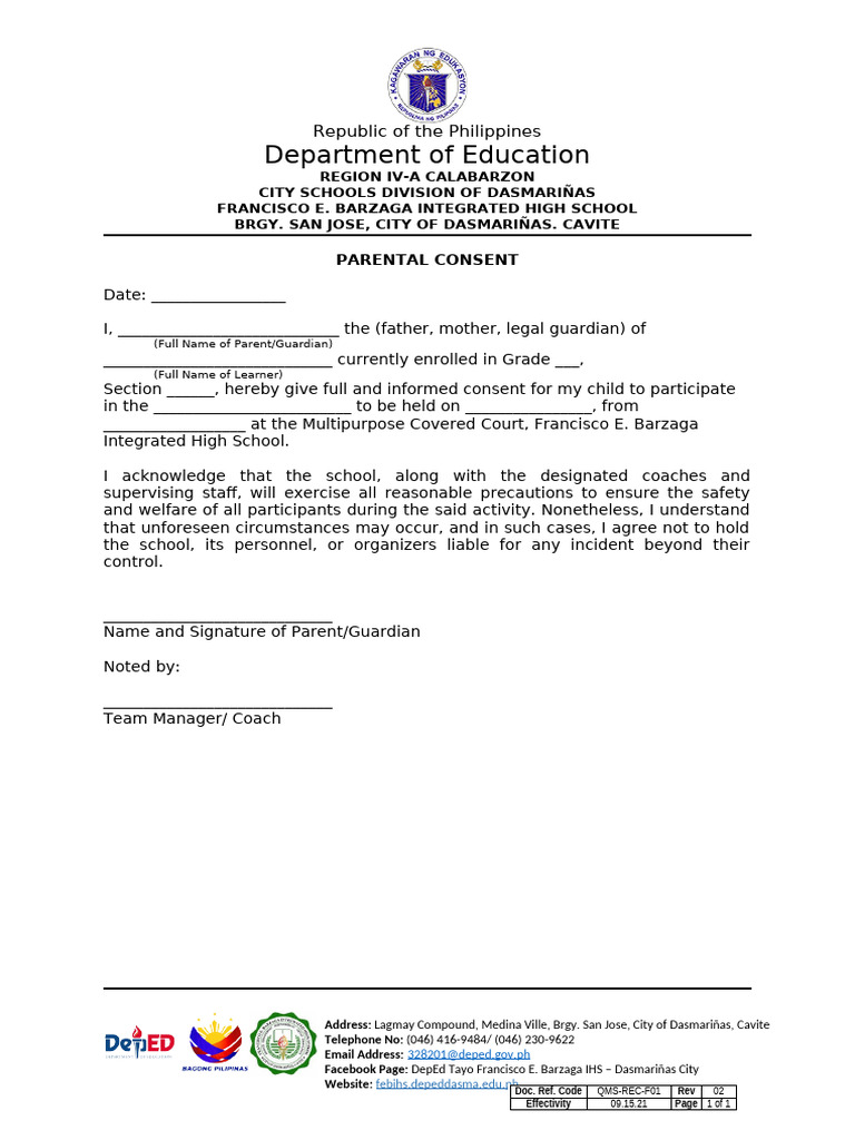 Parental Consent Form for School Activities | PDF