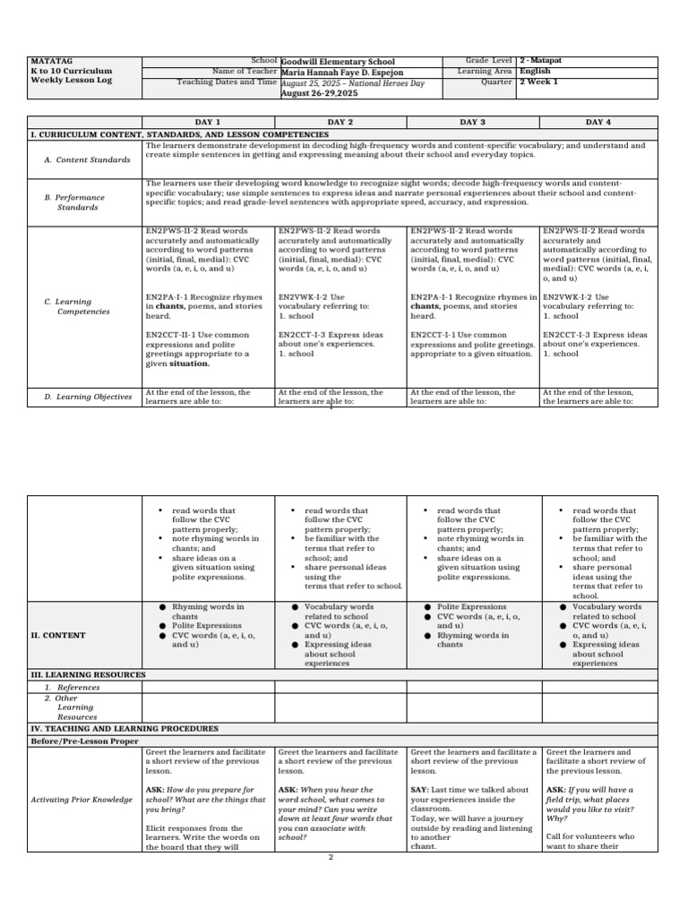 English 2 Week 1 Lesson Plan | PDF | Vocabulary | Classroom
