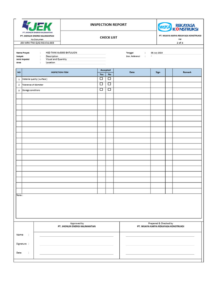 HSD Tank Inspection Report Checklist | PDF