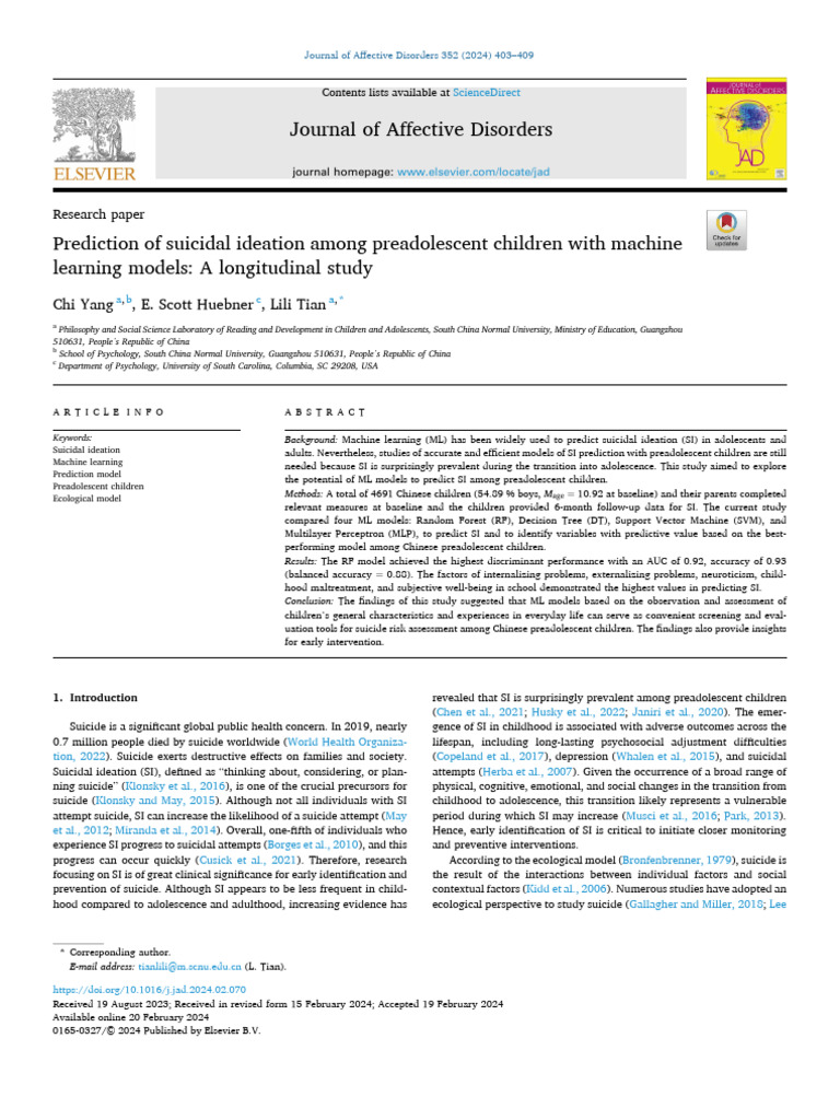 Machine Learning for Suicidal Ideation in Children | PDF | Suicide ...