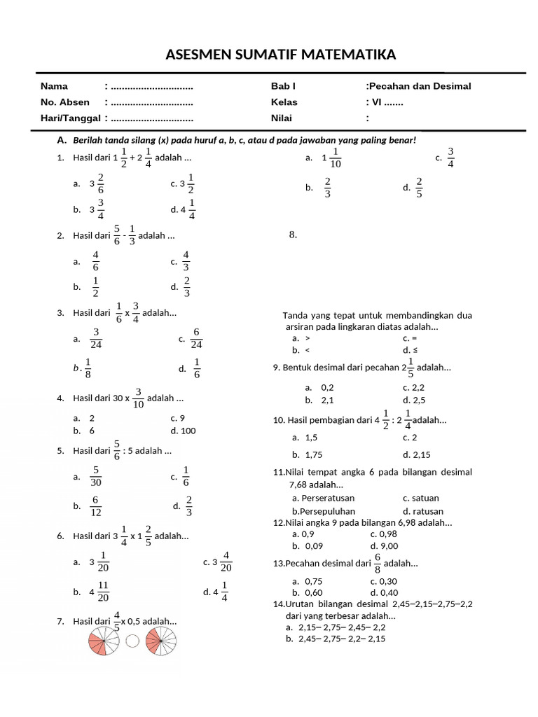 Soal Matematika Kelas VI: Pecahan & Desimal | PDF