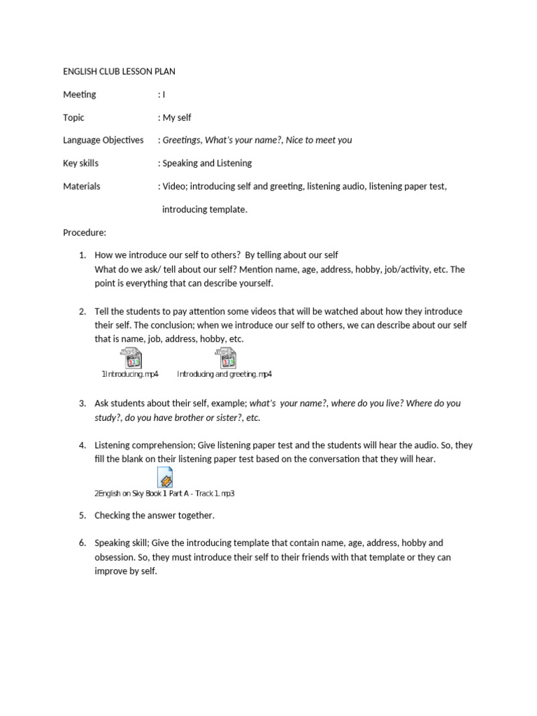 English Club Lesson Plan: Self-Introduction | PDF