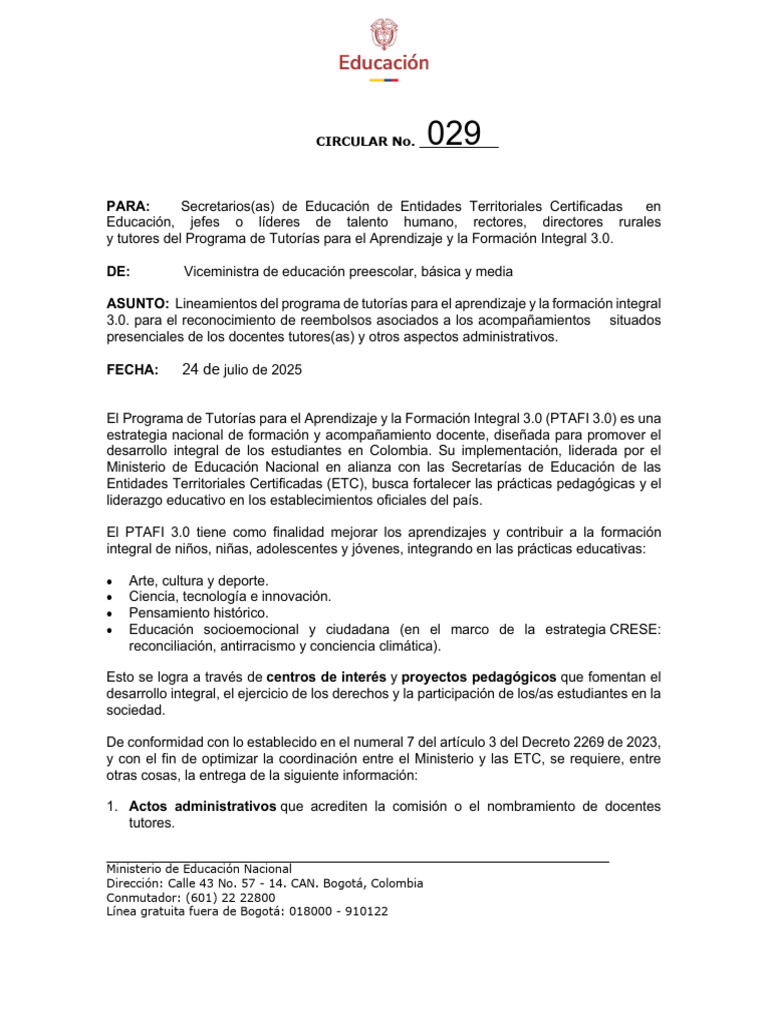 Lineamientos Circular 029 de 2025 | PDF | Bogotá | Educación de la ...