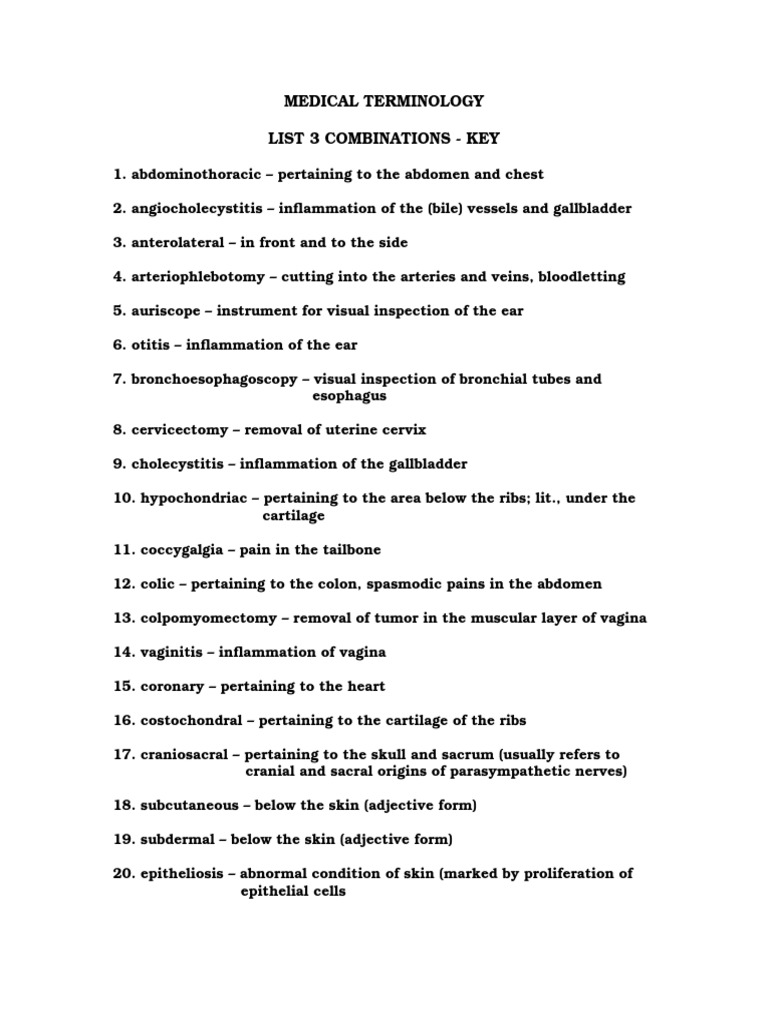 Medical Terminology List 3 Combinations - Key | PDF | Abdomen | Uterus