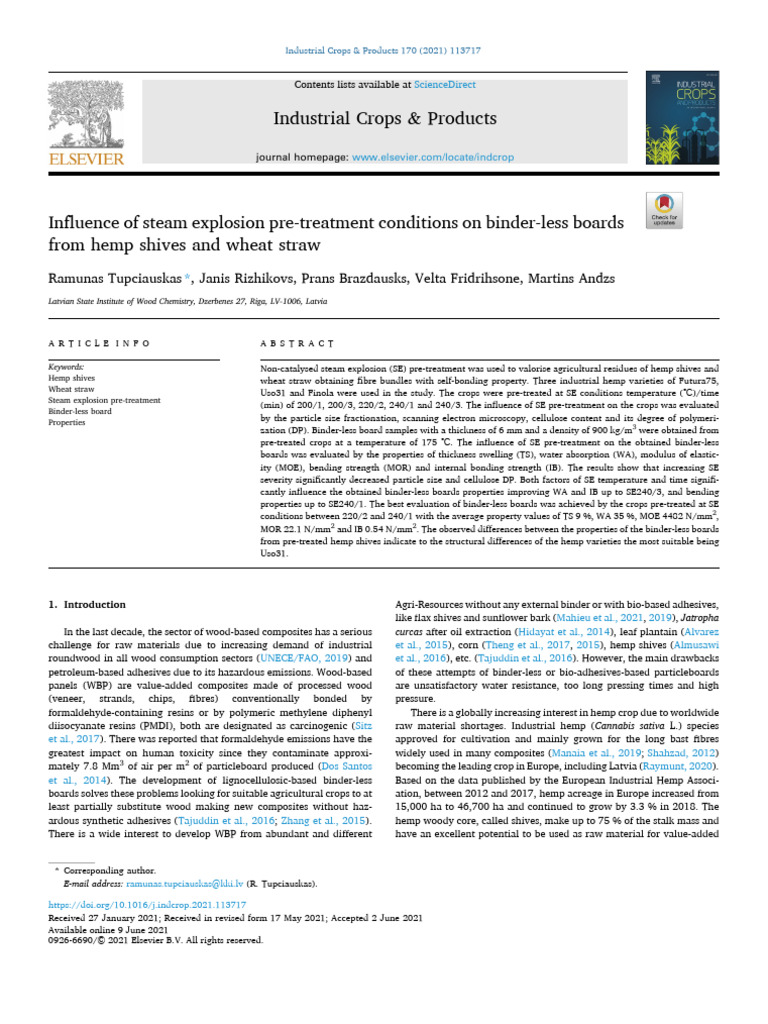 Influence of Steam Explosion Pre-Treatment Conditions On Binder-Less ...