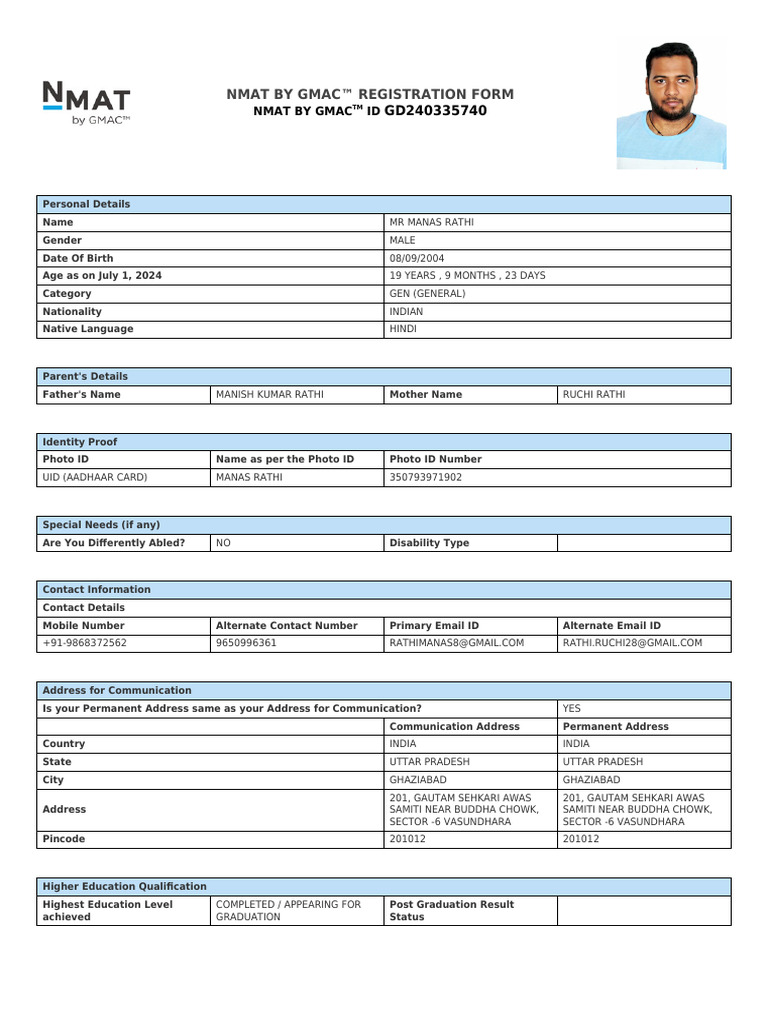 NMAT by GMAC Registration Form | PDF