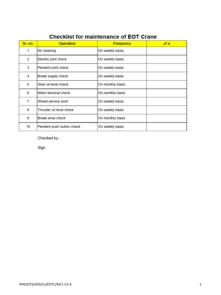 EOT Crane Maintenance Checklist | PDF