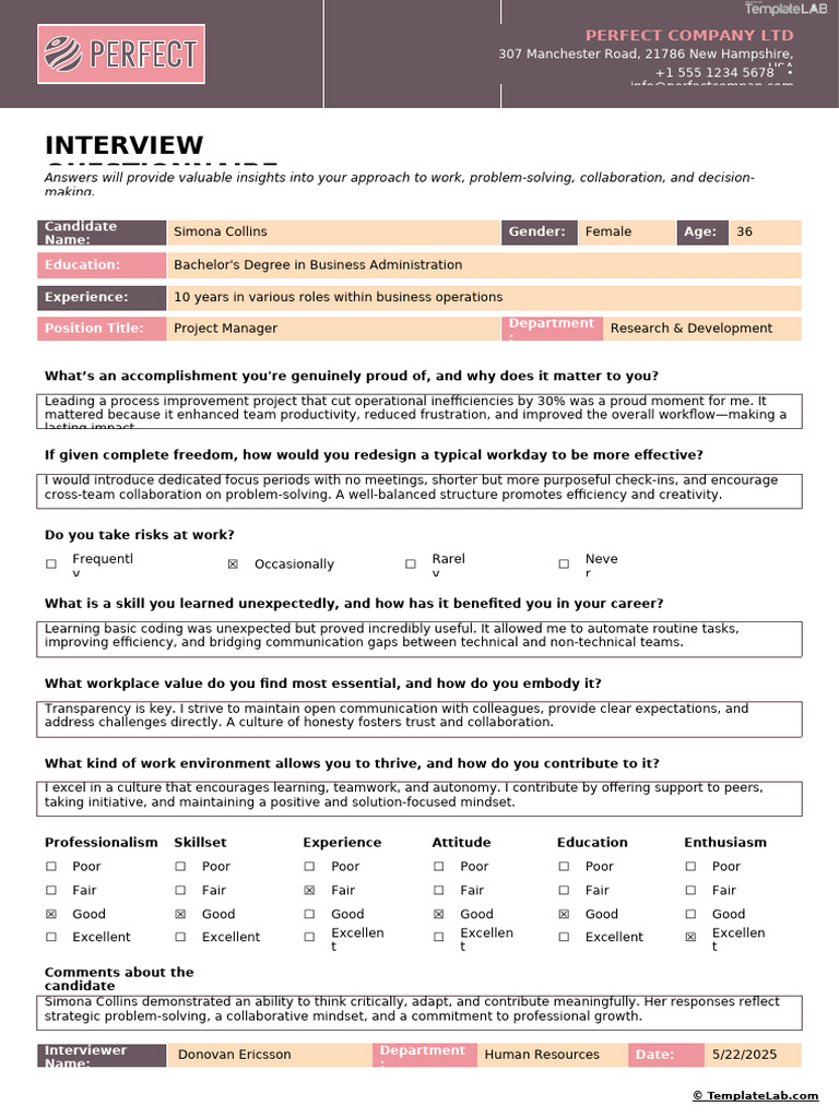 Interview Questionnaire for Project Manager | PDF | Mindset | Collaboration