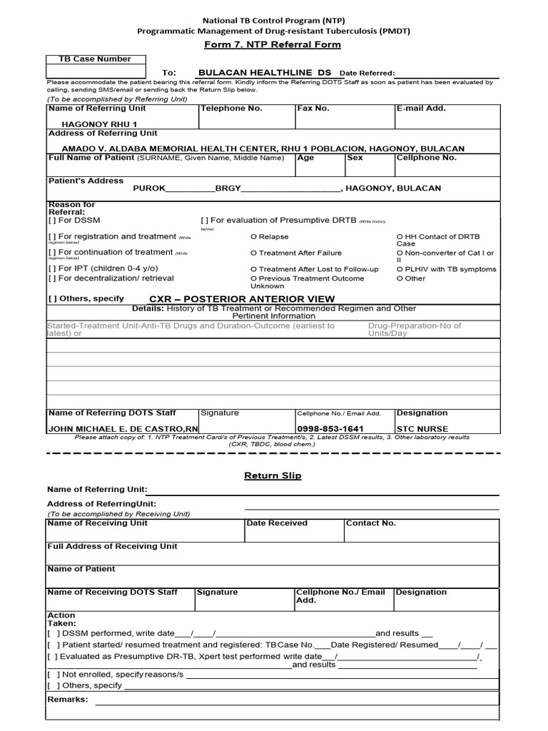 NTP Form 7 Referral for TB Evaluation | PDF | Health Care | Medicine