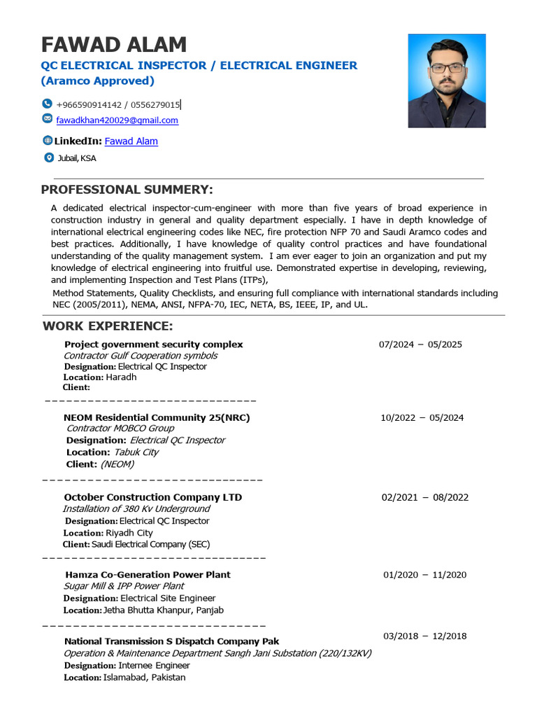 Electrical QC Inspector Resume KSA | PDF | Power Inverter | Electric Power