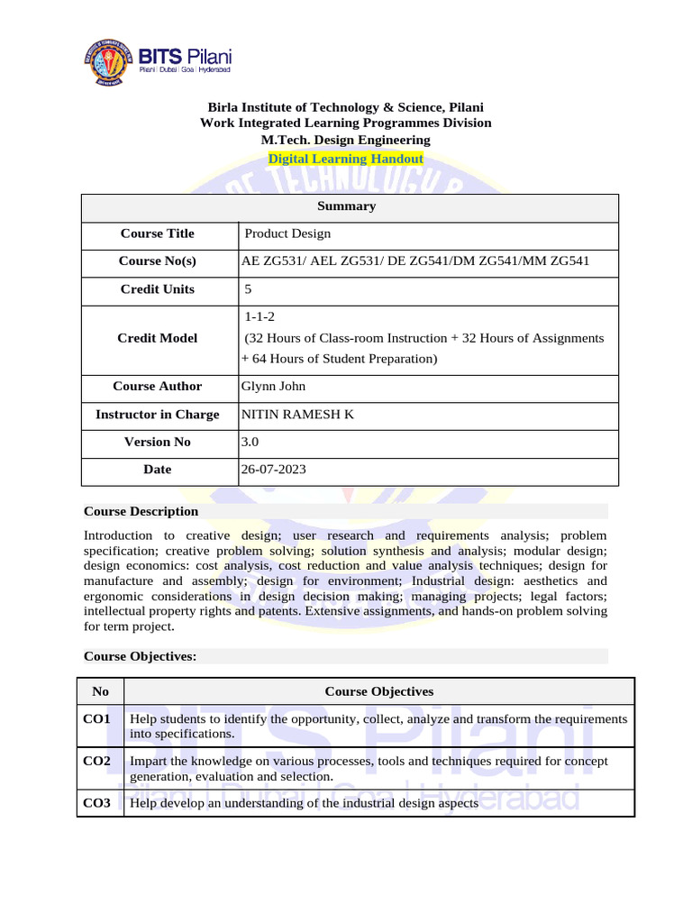 M.Tech. Product Design Course Overview | PDF | Prototype | Life Cycle ...