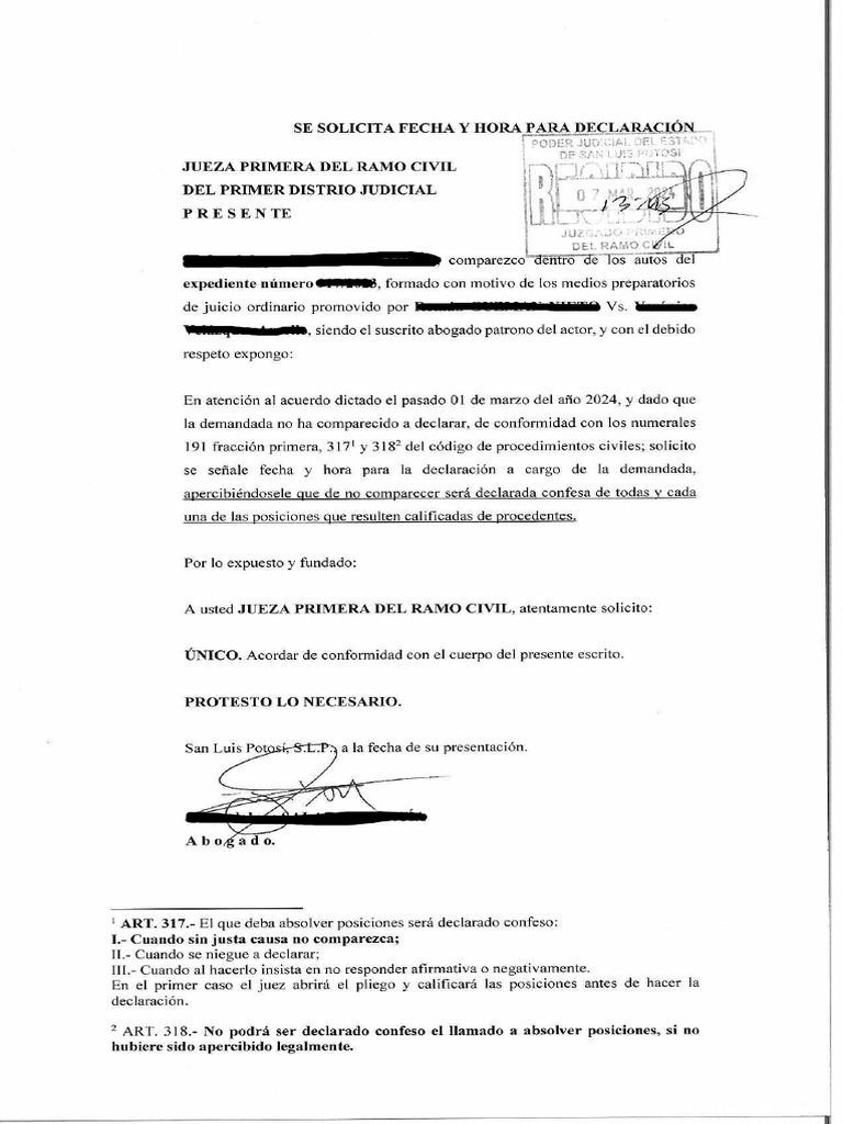 Solicitud Con Apercibimiento de Declaracion de Confesa 1 | PDF ...