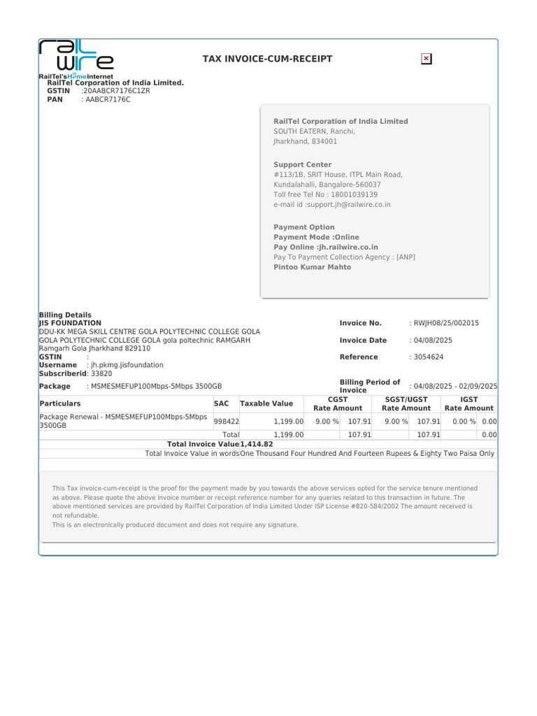 Railwire Invoice for JIS Foundation | PDF | Invoice | Taxation