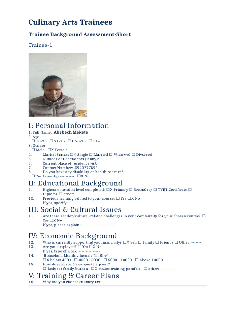 Culinary Arts Trainee Profiles | PDF | Vocational Education | Cooking