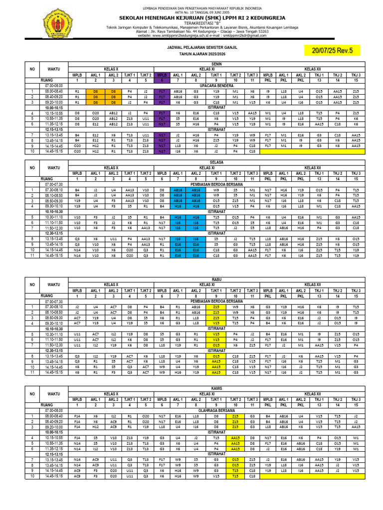 Jadwal Pelajaran SMK LPPM RI 2 2025/2026 | PDF