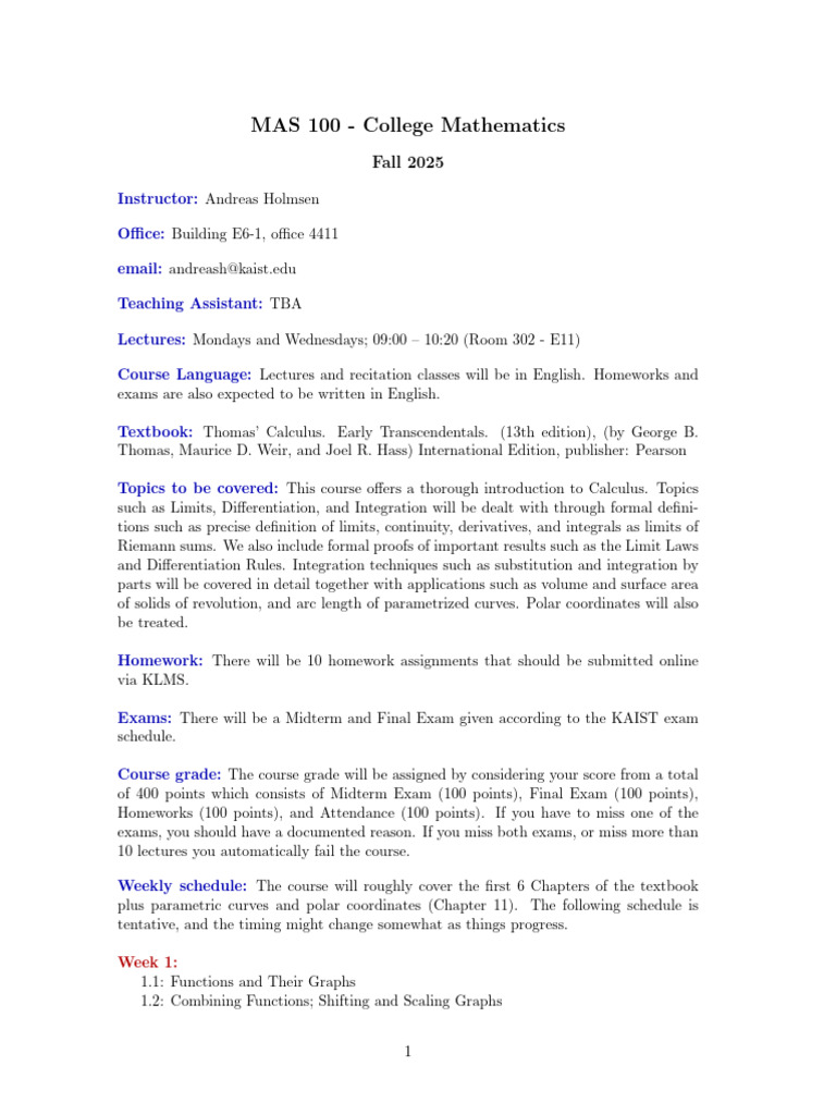 MAS 100: College Mathematics Course Guide | PDF | Function (Mathematics ...