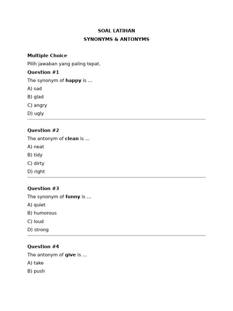 Synonyms and Antonyms Practice Quiz | PDF | Chess Theory | Chess