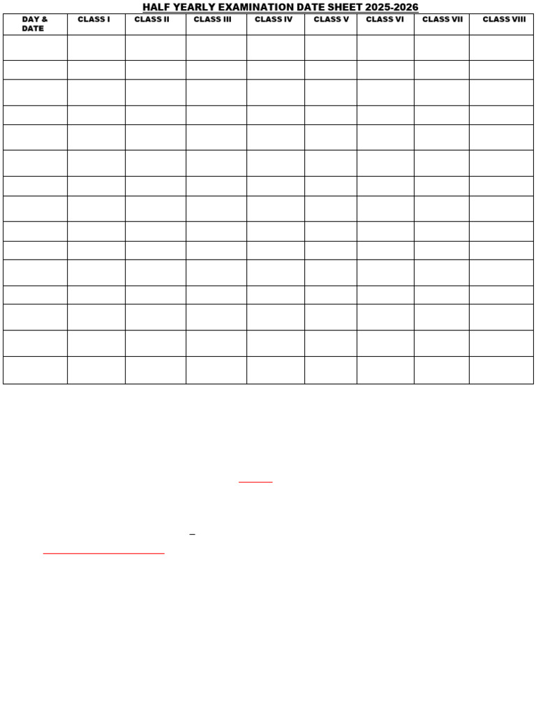 Half Yearly Exam Date Sheet 2025 | PDF
