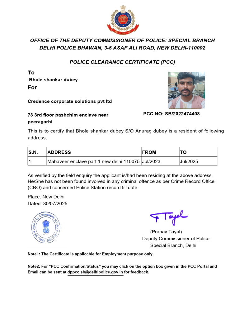 Police Clearance Certificate for Employment | PDF